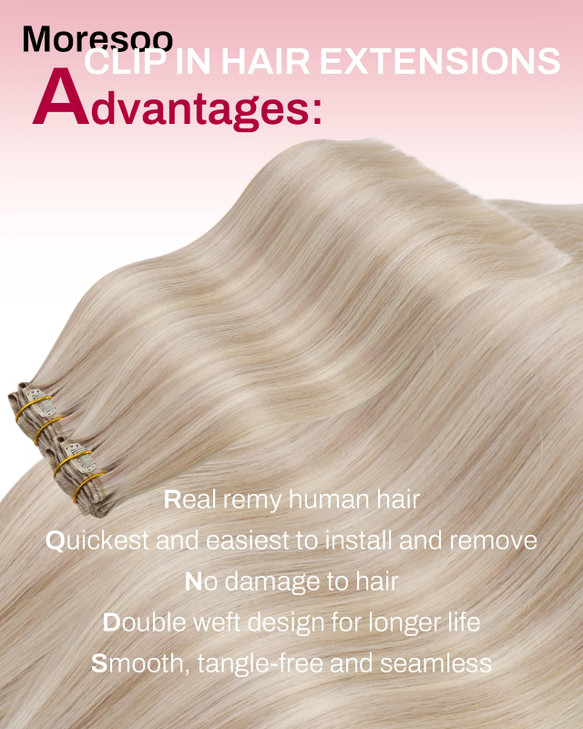 Moresoo Clip in Hair Extensions Real Human Hair Blonde Highlight Seamless Human Hair Clip in Extensions Ash Blonde with