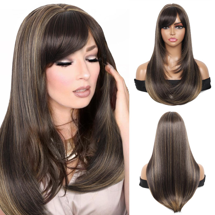 Kalyss Brown with Highlights Yaki Synthetic Womens Wig With Hair Bangs Centre Parting Long Straight Layered Heat Resista