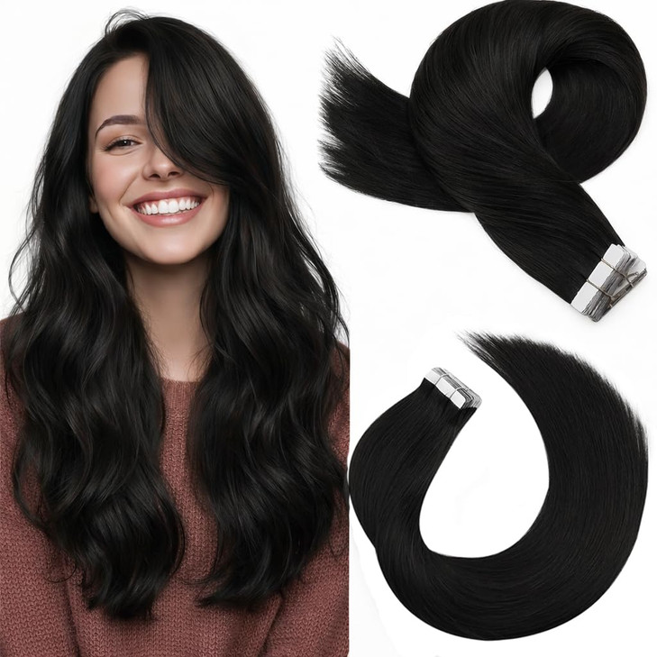Moresoo Tape Hair Extensions Black Human Hair Tape in Extensions Natural Black Real Hair Glue in Human Hair Extensions 2