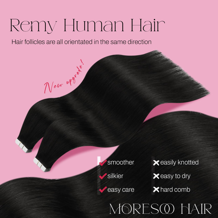 Moresoo Tape Hair Extensions Black Human Hair Tape in Extensions Natural Black Real Hair Glue in Human Hair Extensions 2