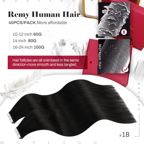 Moresoo Natural Black Tape in Hair Extensions Invisible Human Hair Tape in Extensions For Daily Straight Hair Glue in Ex