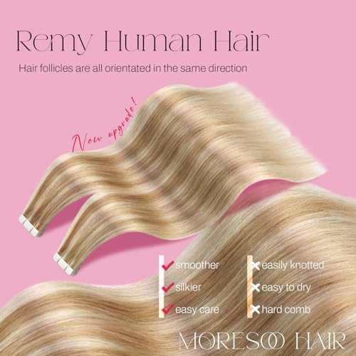 Moresoo Tape in Hair Extensions Human Hair Highlighted Blonde Hair Extensions Real Human Hair Tape in Seamless Extension