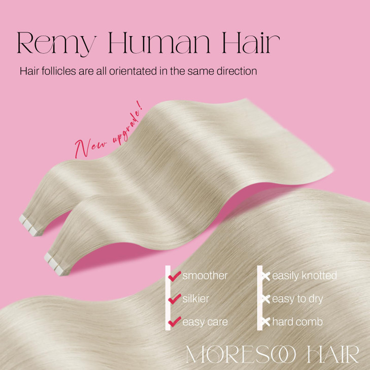 Moresoo Blonde Tape in Hair Extensions Human Hair 20Pcs 50G Hair Extensions for Women Platinum Blonde Tape in Real Hair