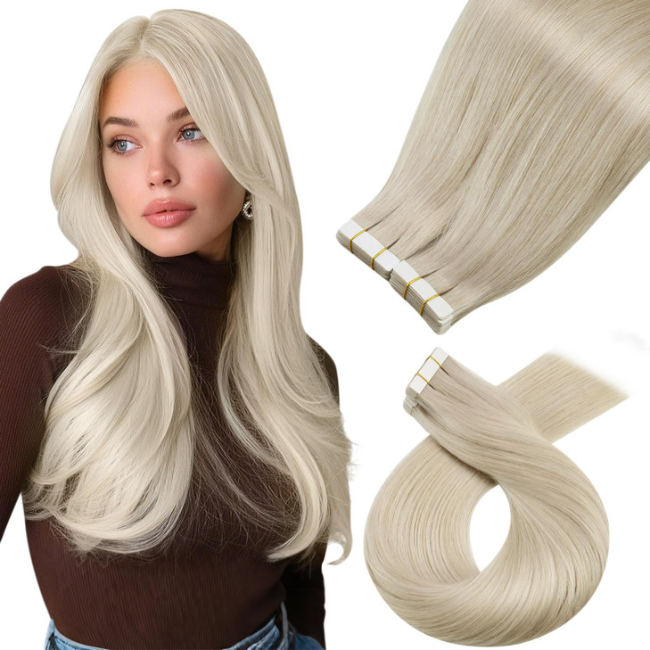 Moresoo Blonde Tape in Hair Extensions Human Hair 20Pcs Platinum Blonde Hair Extensions Tape in Real Hair 40G Silky Thic