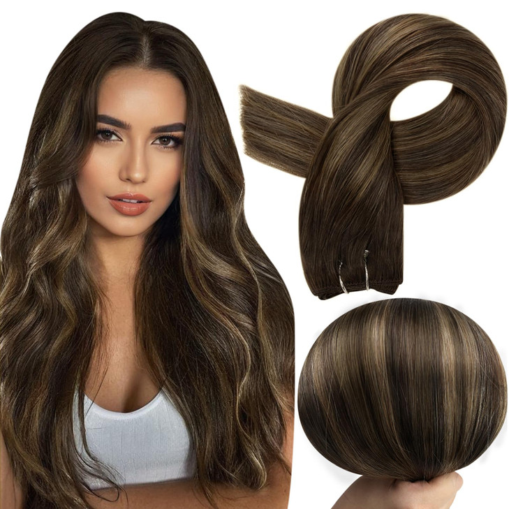 Full Shine Weft Extensions Hair Extensions Real Human Hair Balayage Dark Brown To Light Brown Mix Dark Brown Sew In Hair