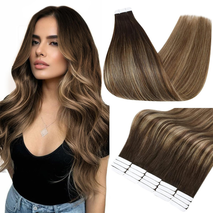 Full Shine Tape in Hair Extensions 20PCS Ombre Color 2 Darkest Brown Fading to 3 and 27 Honey Blonde Double Sided Hair E