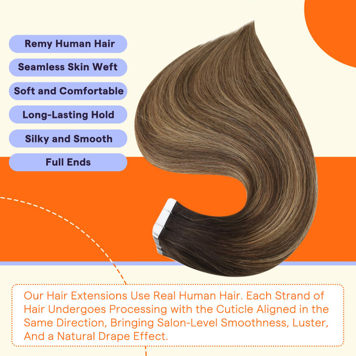 Full Shine Tape in Hair Extensions 20PCS Ombre Color 2 Darkest Brown Fading to 3 and 27 Honey Blonde Double Sided Hair E