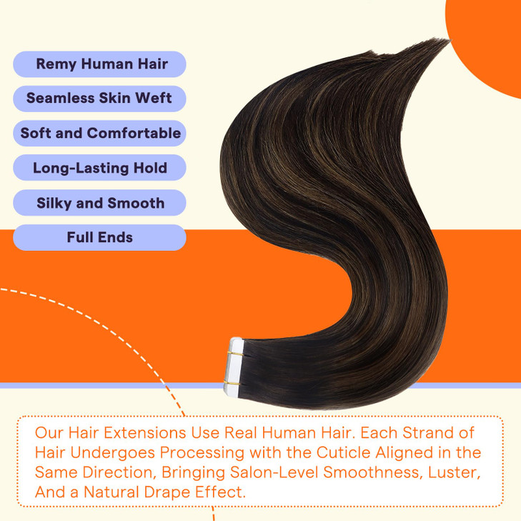 Full Shine Tape in Hair Extensions Color 282 Dark Brown Highlight Ash Brown Straight Remy Human Hair Extensions Tape Ins