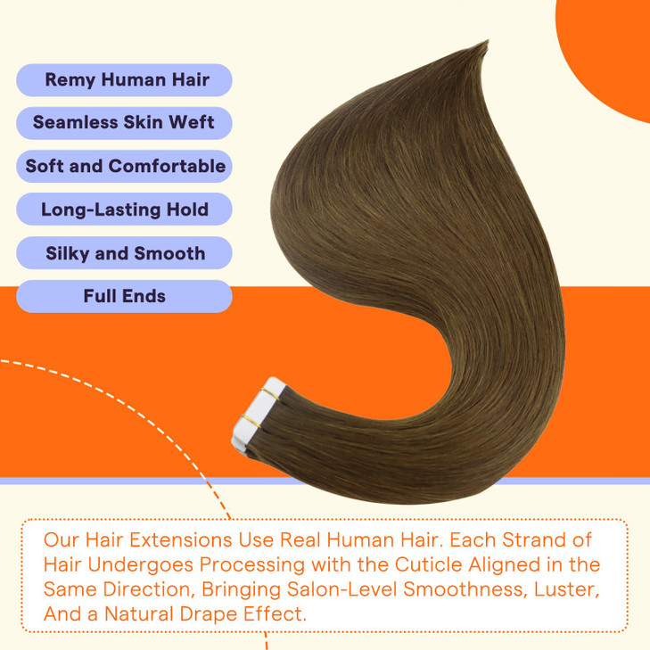 Full Shine Human Hair Extensions Tape in Color 4 Medium Brown Remy Double Sided Human Hair Tape in Extensions 12 Inch In