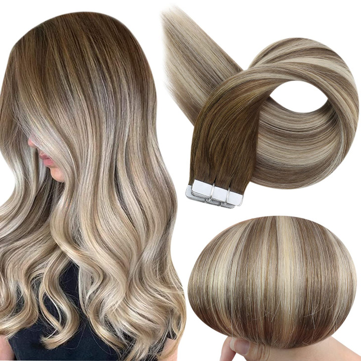 Full Shine Tape in Extensions Human Hair 12 Inch Balayage Color 3822 Dark Brown Fading to Brown and Blonde Invisible Sea