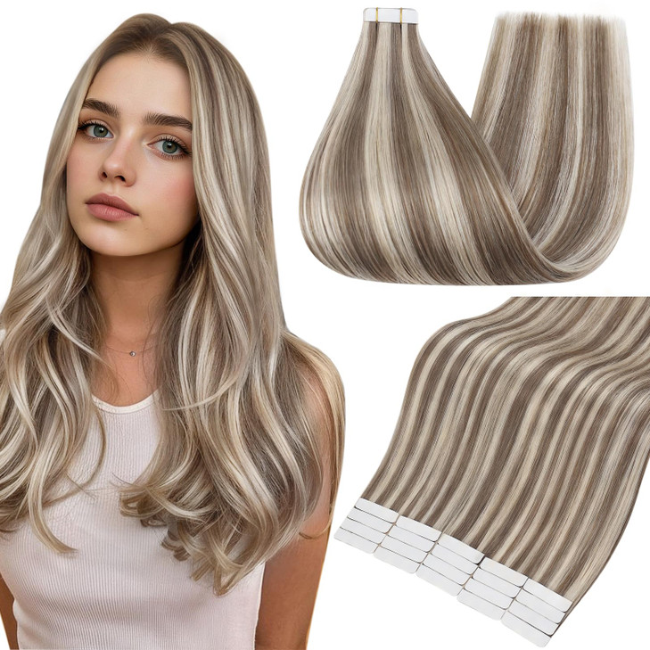 Full Shine Tape in Hair Extensions 22 Inch Color 8 Brown and 60 Blonde 50 Grams Remy Tape in Extensions Human Hair Invis