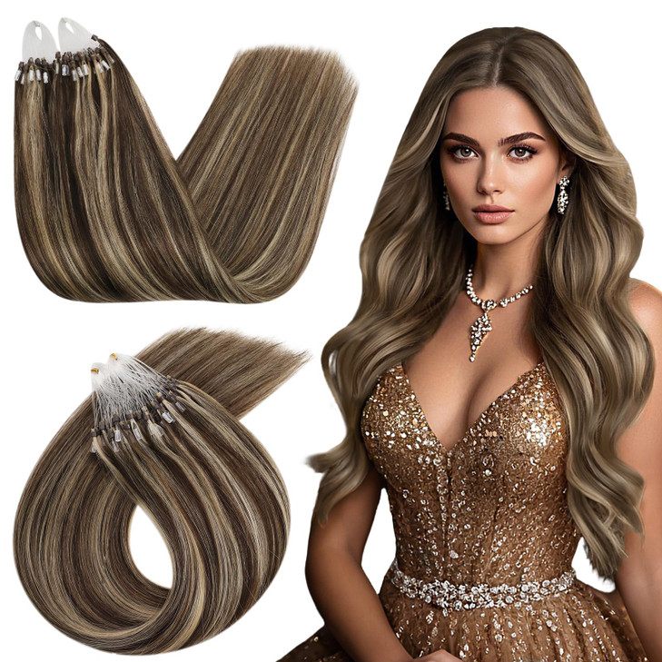 Ugeat Microlink Hair Extensions Human Hair Highlight Microbead Hair Extensions Brown Highlights Mix Caramel Blonde Micro