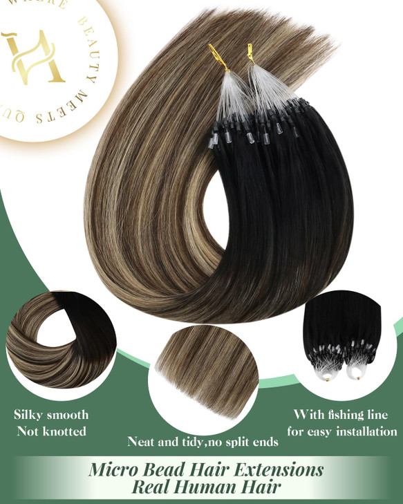 Ugeat Micro Link Hair Extensions Ombre Microbead Hair Extensions Ombre Black with Dark Brown Mix Caramel Brown Balayage