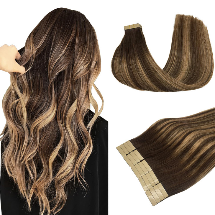 DOORES Tape in Human Hair Extensions Balayage Chocolate Brown to Caramel Blonde Straight Remy Hair 50g 20pcs 14 Inch