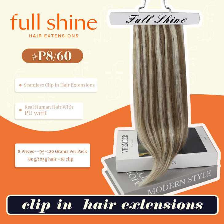 Full Shine Seamless Hair Extensions Clip in Brown Highlights Ash Brown Mix Platinum Blonde Clip in Hair Extensions Thick