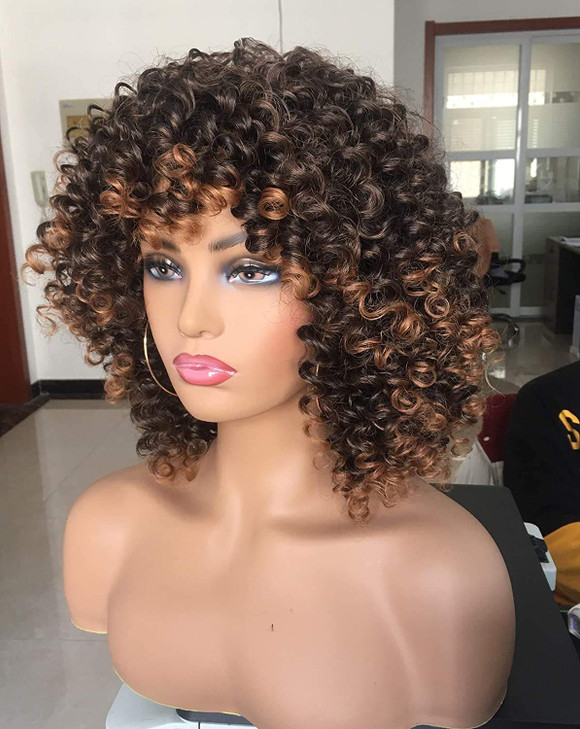 Annivia Short Curly Wigs for Black Women with Bangs Big Bouncy Fluffy Kinky Curly Wigs Heat Resist Soft Synthetic 2Tone