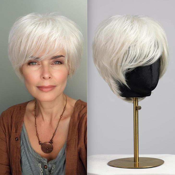 BLONDE UNICORN White Pixie Cut Short Wigs with Bangs for Women Fiber Remy Human Hair Blend for Natural Daily Use