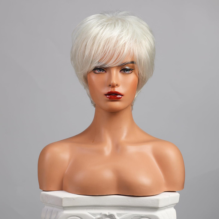 BLONDE UNICORN White Pixie Cut Short Wigs with Bangs for Women Fiber Remy Human Hair Blend for Natural Daily Use