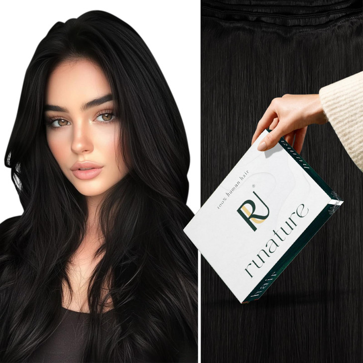 RUNATURE Weft Hair Extensions Black Sew in Human Hair Weft Extensions 14 Inch 100g Thick Weft Human Hair Extensions Jet