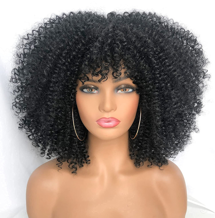 RunM Short Curly Afro Wig With Bangs for Black Women Kinky Curly Hair Wig Afro Synthetic Full WigsBlack