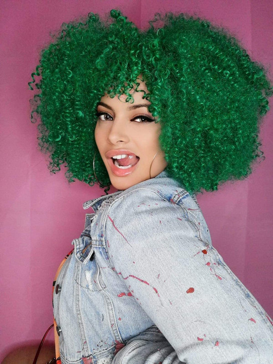 RunM Short Curly Afro Wig With Bangs for Black Women Kinky Curly Hair Wig Afro Synthetic Full WigsGreen