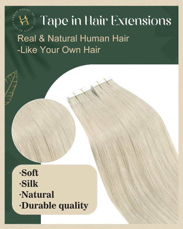 Ugeat Tape in Hair Extensions Blonde Hair Extensions Tape ins Platinum Blonde Invisible Tapes in Hair Extension Human Ha