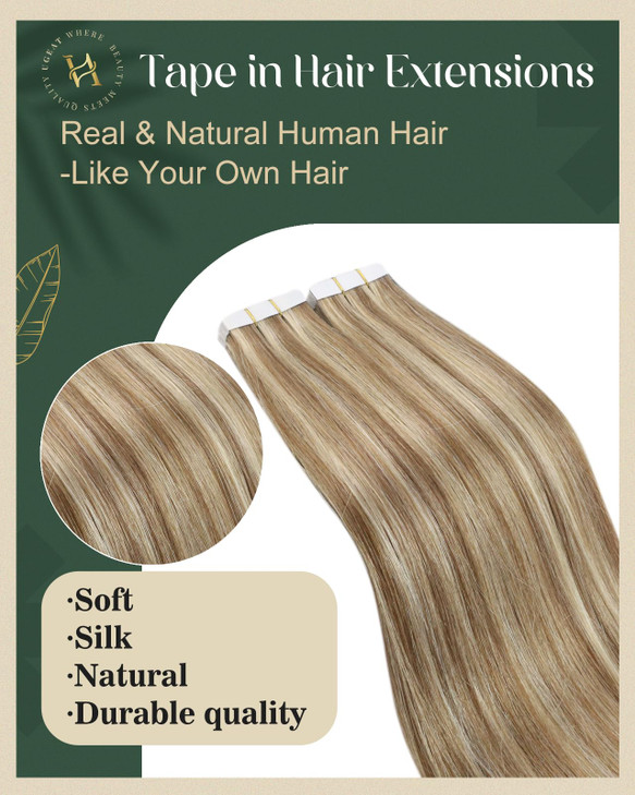 Ugeat Tape in Human Hair Extensions Highlight Remy Human Hair Extensions Tape in Bleach Blonde Highlights Golden Blonde