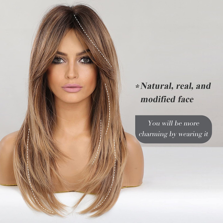 HAIRCUBE Long Layered Synthetic Hair Wigs for Women with Bang Ombre Mixed Brown
