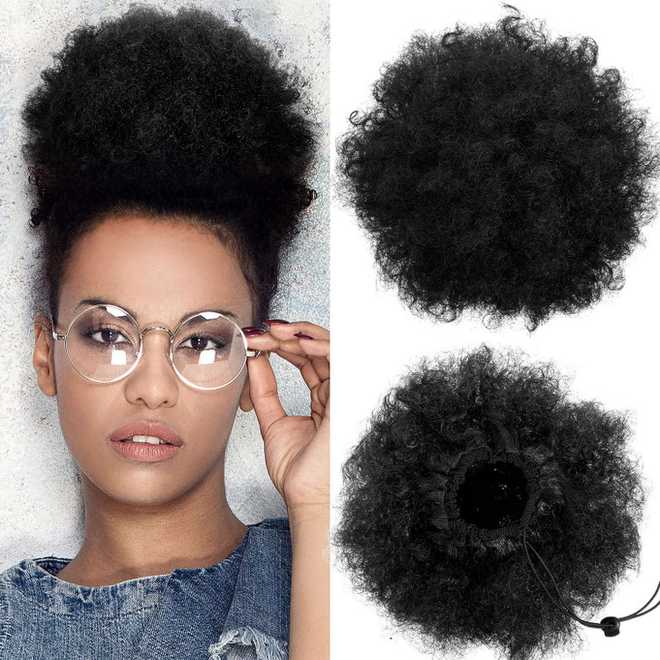 WILLBOND 2 Pieces Afro Puff Drawstring Ponytail for Women Synthetic Short Curly Hair Afro Bun Extension Chignon Hairpiec