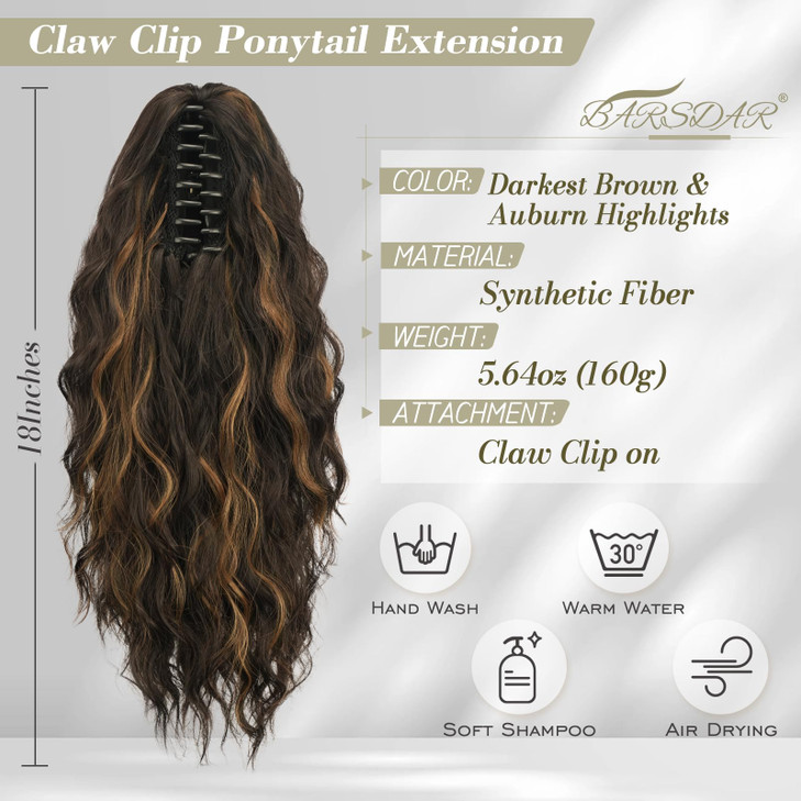 BARSDAR Highlight Ponytail Extension 18 Inch Claw Clip Ponytail Extensions for Women Curly Wavy Multi Layered Synthetic