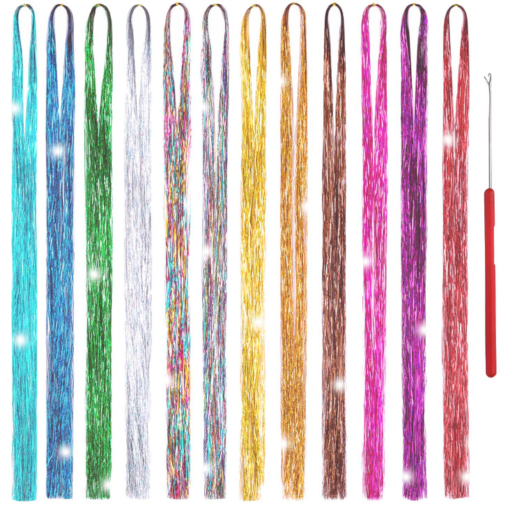 Hair Tinsel Kit 12 Colors 2500 Strands 48 Inches Sparkling Tinsel Hair Extensions with Tool Fairy Hair Tinsel for Birthd