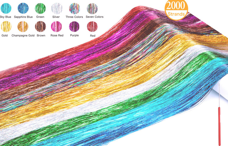 Hair Tinsel Kit 12 Colors 2500 Strands 48 Inches Sparkling Tinsel Hair Extensions with Tool Fairy Hair Tinsel for Birthd