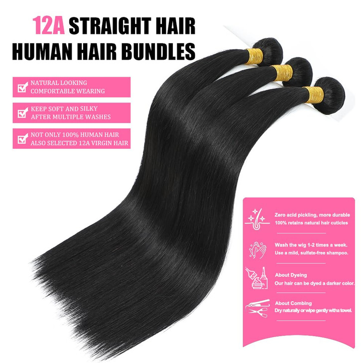 Straight Human Hair Bundles 12A Brazilian Human Hair 3 Bundles 100 Unprocessed Virgin Human Hair Extensions Natural Blac
