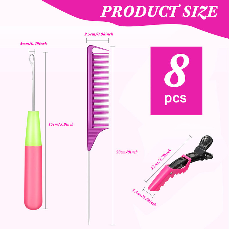 Luinabio 8 Pcs Hair Crochet Hooks Set with Accessories Include 2 Plastic Crochet Needle Hooks 4 Alligator Hair Clip and