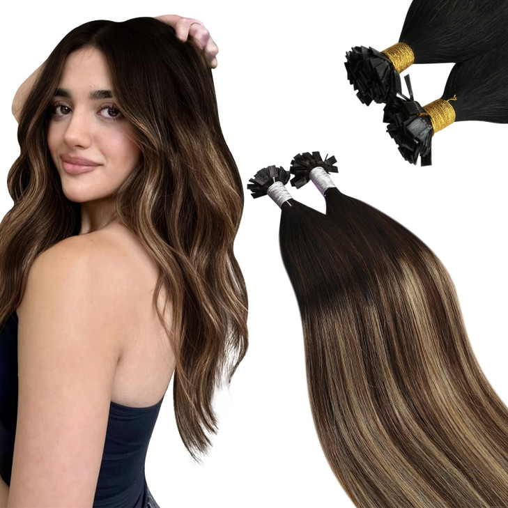 Ugeat Black Ombre Flat Tip Hair Extensions Human Hair Remy K Tip Hair Extensions Human Hair Brown Mix Blonde Balayage Ke