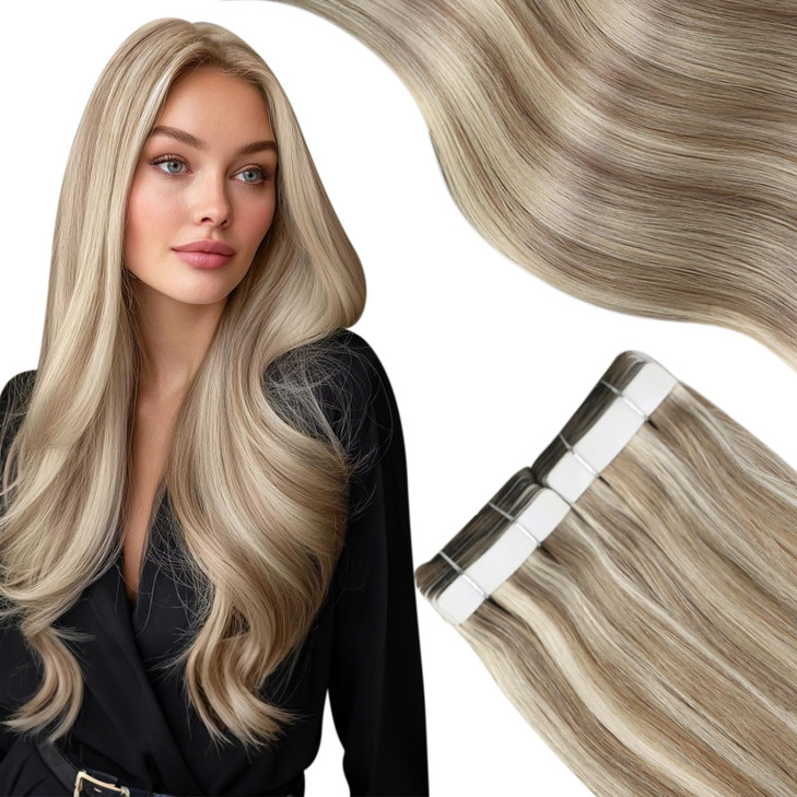 Moresoo Blonde Tape in Hair Extensions Real Hair Light Brown Mix with Platinum Blonde Human Hair Extensions Tape in Invi