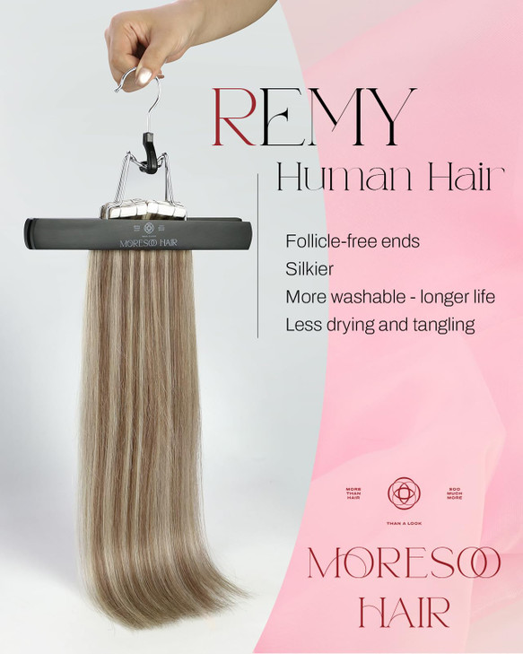 Moresoo Blonde Tape in Hair Extensions Real Hair Light Brown Mix with Platinum Blonde Human Hair Extensions Tape in Invi