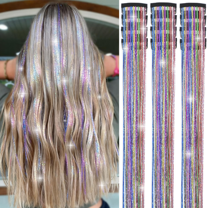 Nineibei Hair Tinsel Clip in Pack of 12 Pcs Glitter Tinsel Hair Extensions 24 Inch Clip in Hair Tinsel Sparkly Fairy Hai