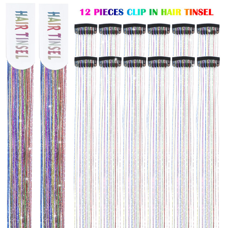 Nineibei Hair Tinsel Clip in Pack of 12 Pcs Glitter Tinsel Hair Extensions 24 Inch Clip in Hair Tinsel Sparkly Fairy Hai