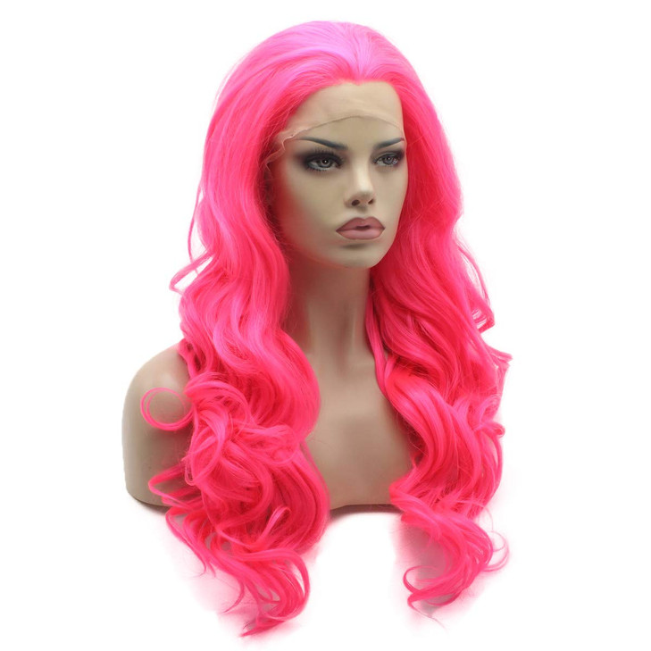 Lushy Hair Lace Front Synthetic Wig Long 24inch Wavy Rose Red Wig Heat Resistant Heavy Density Realistic Wig