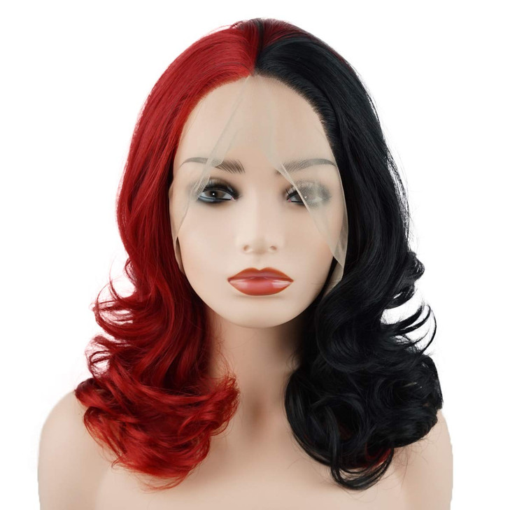 Meiyite Hair Wavy Shoulder Length 16inch Half Black Half Red Mix Realistic Synthetic Lace Front Wigs