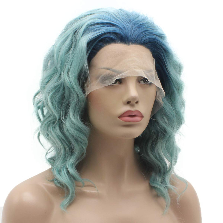 Lushy Lace Front Synthetic Wig Short 14inch Wavy Blue Root Light Blue Ombre Wig Heavy Density Realistic Wig