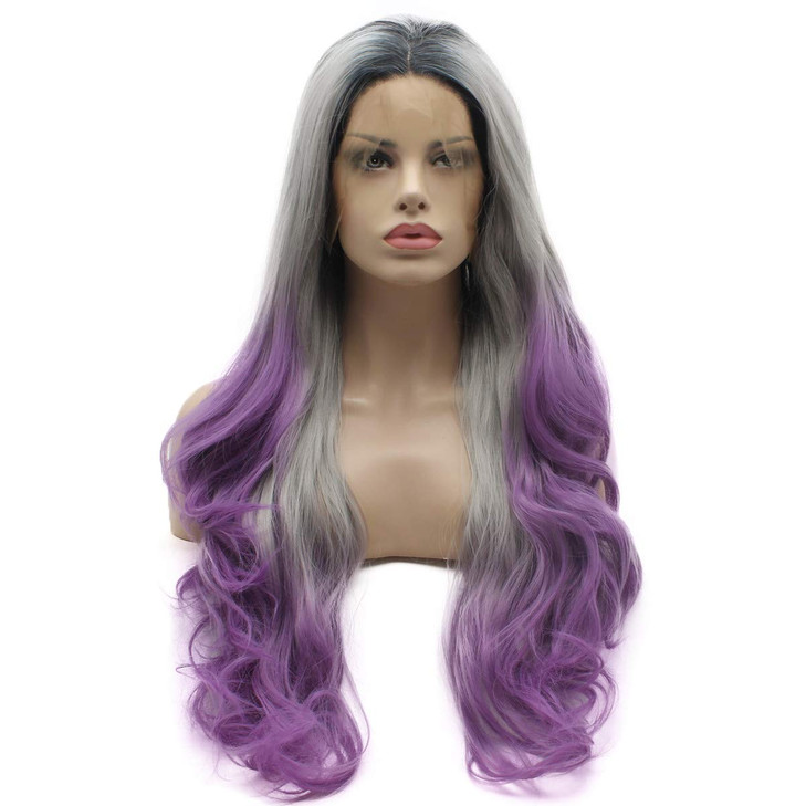 Lushy Hair Lace Front Synthetic Wig Wavy Long 26inch Dark Root Gray Purple Ombre Wig Heat Resistant Heavy Density Realis