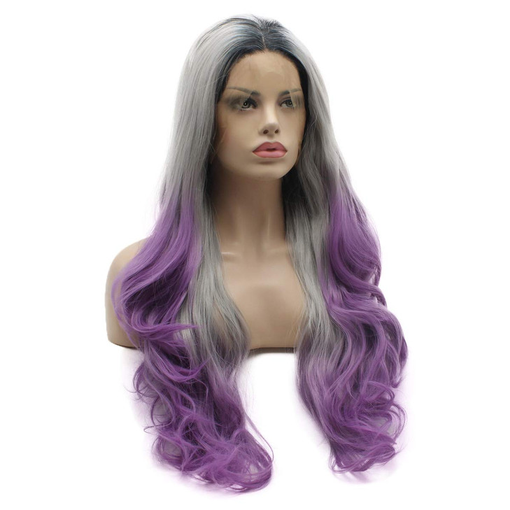 Lushy Hair Lace Front Synthetic Wig Wavy Long 26inch Dark Root Gray Purple Ombre Wig Heat Resistant Heavy Density Realis