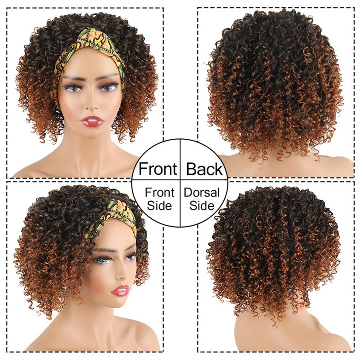 Aisaide Afro Kinky Curly Wig Headband Wigs for Black WomenShort Ombre Brown Wig with Headband Attached Natural Full Afro