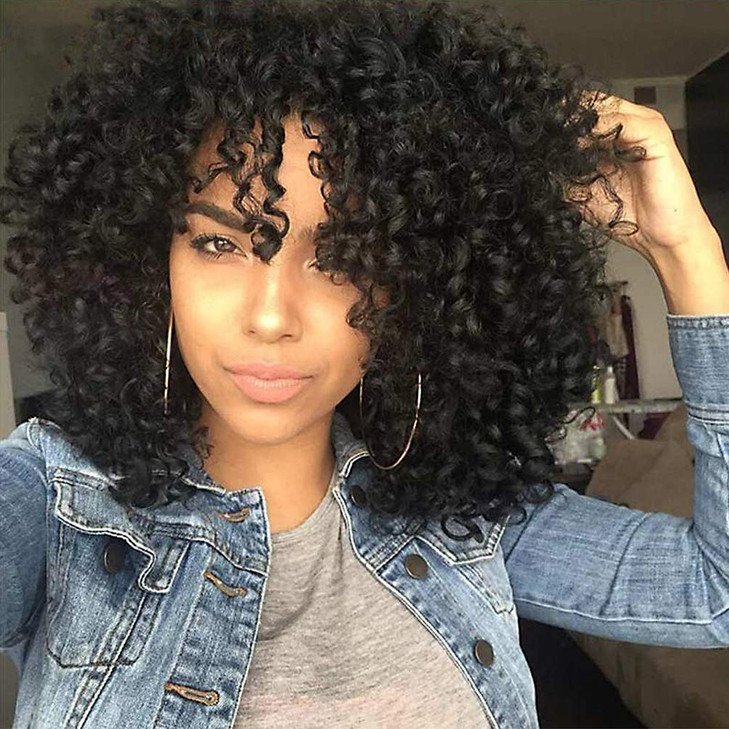 rosmile Curly Wigs for Black Women Natural Black Synthetic African American Full Kinky Curly Afro Hair Wig with Bangs