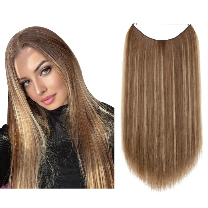 SARLA Invisible Wire Hair Extensions 22 inch Long Synthetic Hairpieces Straight Ash Medium Brown With Ash Blonde Highlig