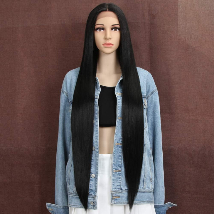 Style Icon 38 Super Long Straight Wigs Lace Front Wigs 6 Deeper Middle Part Wig Black Synthetic Wig 38 1B