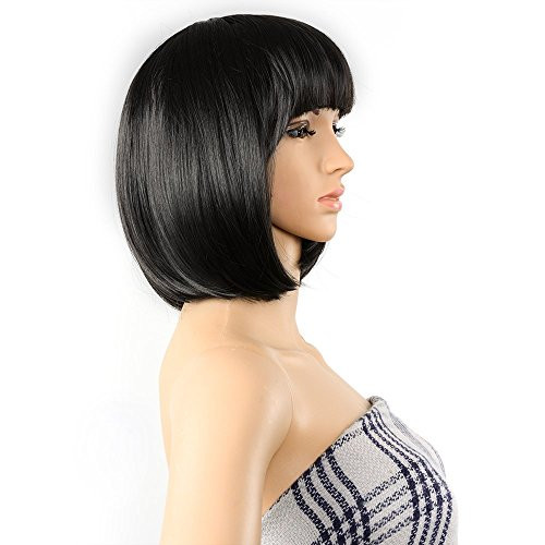 AGPTEK 13 Inches Straight Heat Resistant Short Bob Hair Wigs with Flat Bangs for Women Cosplay Daily Party Black