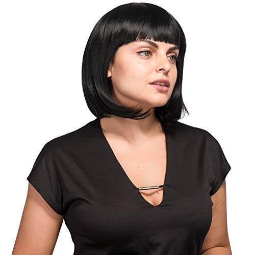 AGPTEK 13 Inches Straight Heat Resistant Short Bob Hair Wigs with Flat Bangs for Women Cosplay Daily Party Black